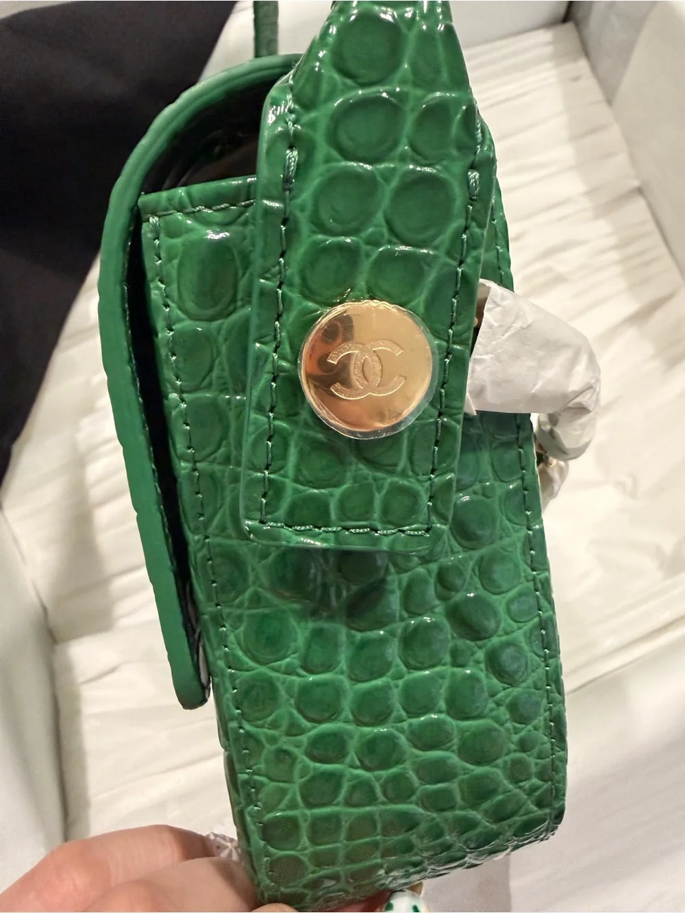 CHANEL Green Croc-Embossed top handle bag Bag with Gold hardware